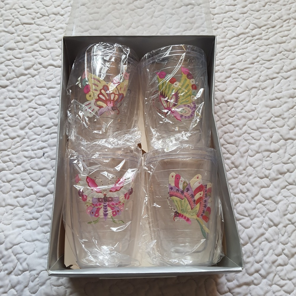 Vintage Plastic Insulated 16oz Hi-Ball Tumblers 4pc Butterfly Ski #708 Hong Kong
